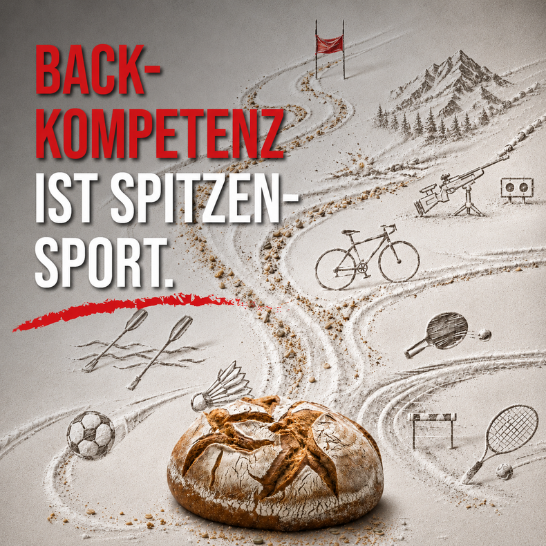 Backkompetenz ist Spitzensport – Brot mit alpinen und sportlichen Illustrationen aus Mehl.